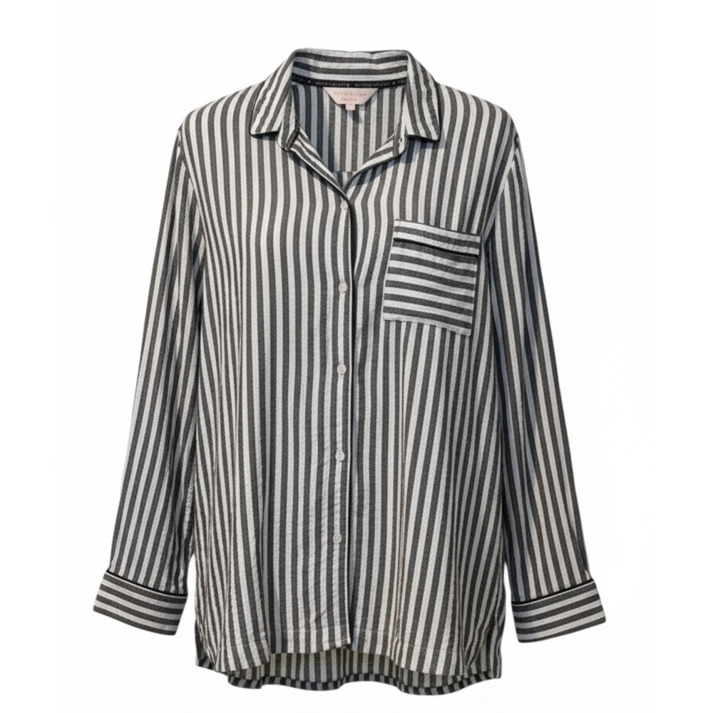 Victoria's Secret Pajama Top Womens Large‎ Gray Striped Button Front Long